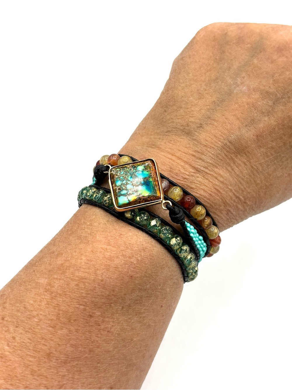 Hand Crafted Multi-Strand Beaded Wrap Bracelet with Imperial Jasper Pendant - Picture 4 of 11